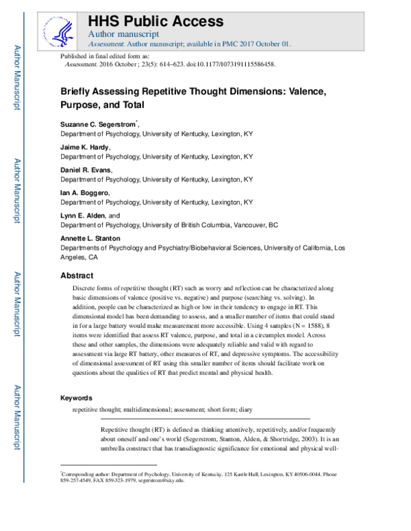 (PDF) Briefly Assessing Repetitive Thought Dimensions