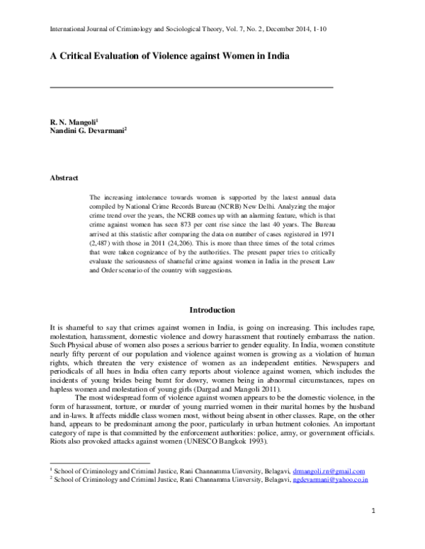 (PDF) A Critical Evaluation of Violence against Women in India