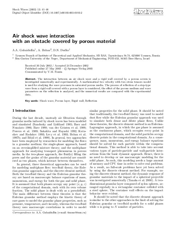 (PDF) Air shock wave interaction with an obstacle covered by porous ...