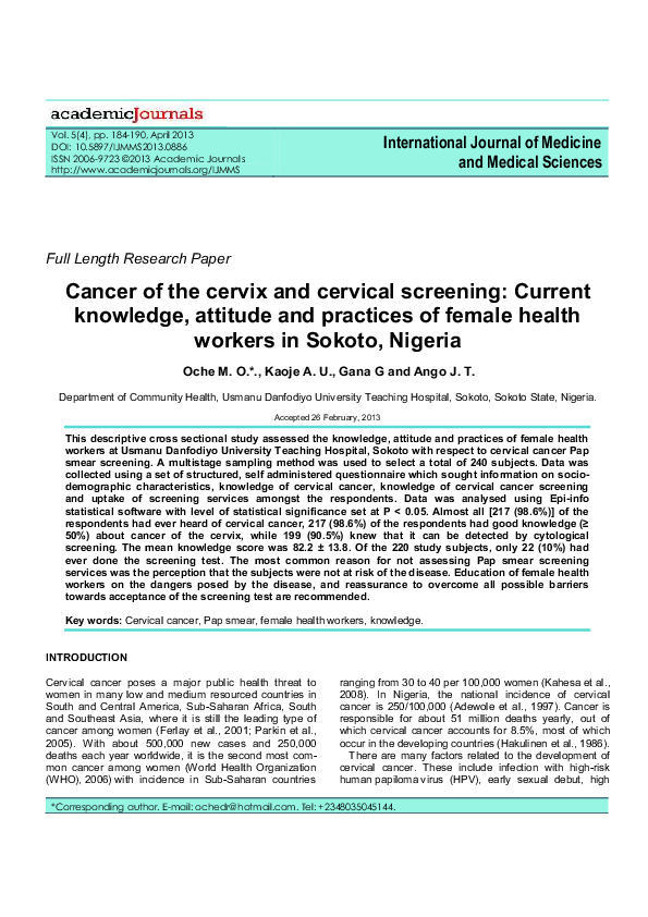(PDF) Cancer of the cervix and cervical screening: Current knowledge ...
