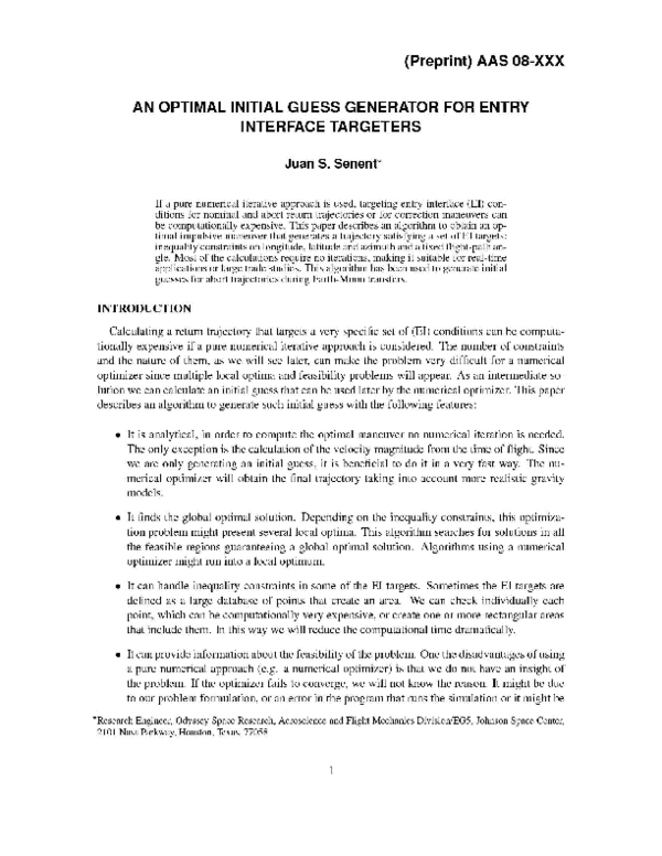 (PDF) An Optimal Initial Guess Generator for Entry Interface Targeters