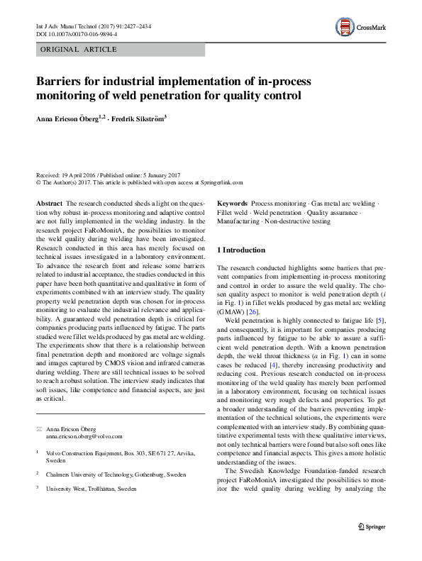 (PDF) Barriers for industrial implementation of inprocess monitoring