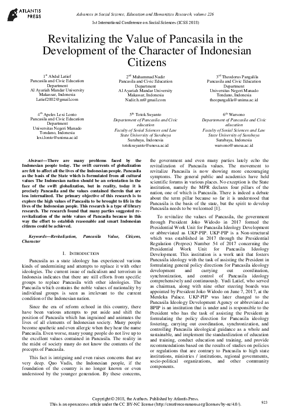 (PDF) Revitalizing the Value of Pancasila in the Development of the ...