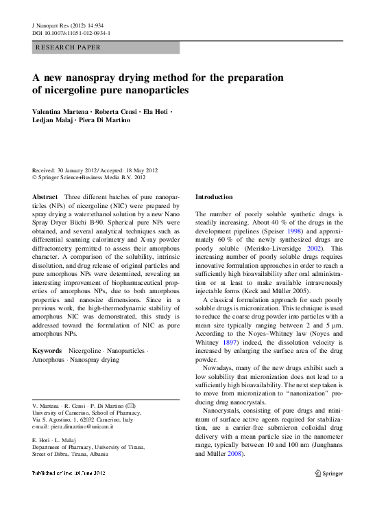 (PDF) A new nanospray drying method for the preparation of nicergoline ...