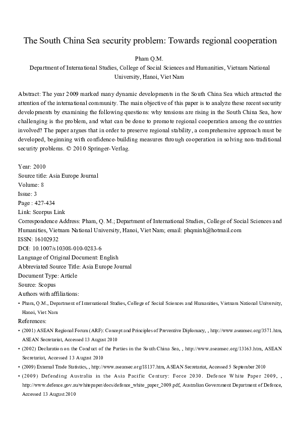 (PDF) The South China Sea security problem: towards regional cooperation