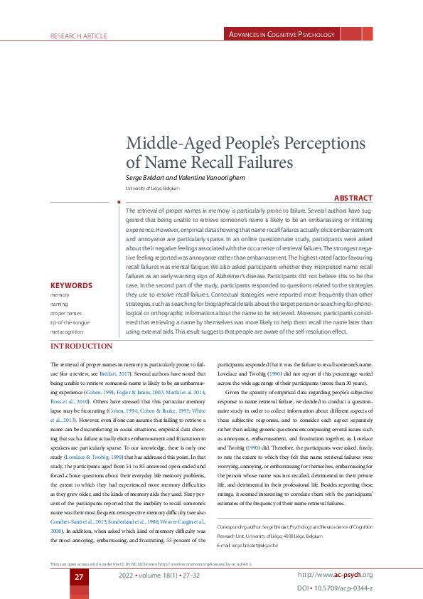 (PDF) Middle-Aged People's Perceptions of Name Recall Failures