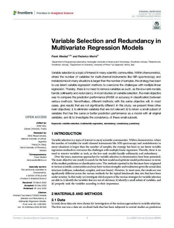 (PDF) Variable Selection and Redundancy in Multivariate Regression Models