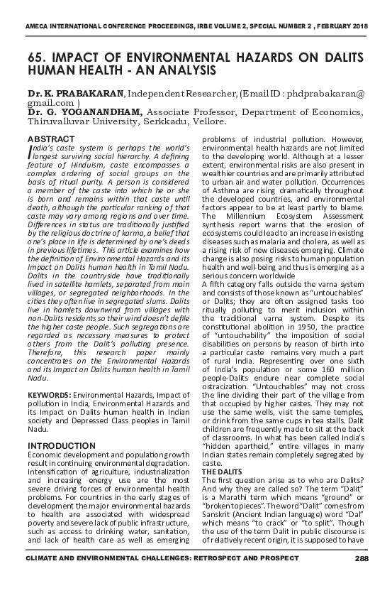 (PDF) IMPACT OF ENVIRONMENTAL HAZARDS ON DALITS HUMAN HEALTH -AN ANALYSIS