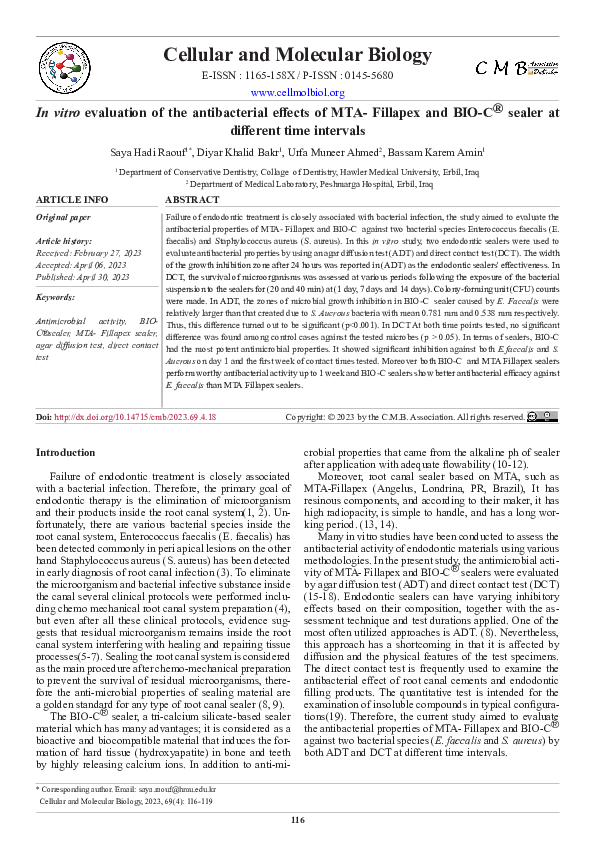 (PDF) In vitro evaluation of the antibacterial effects of MTA- Fillapex ...