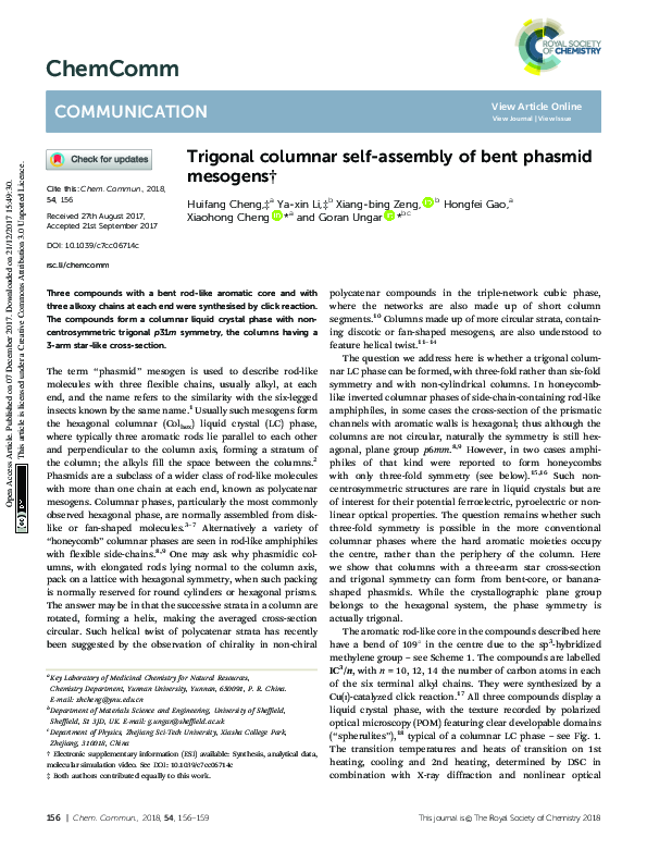 (PDF) Trigonal columnar selfassembly of bent phasmid mesogens Yaxin