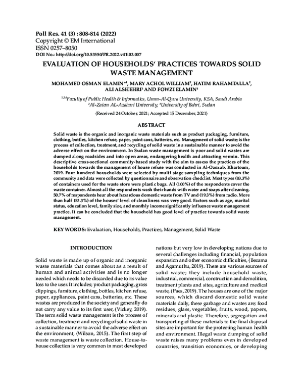 (PDF) Evaluation of Households‘ Practices Towards Solid Waste Management