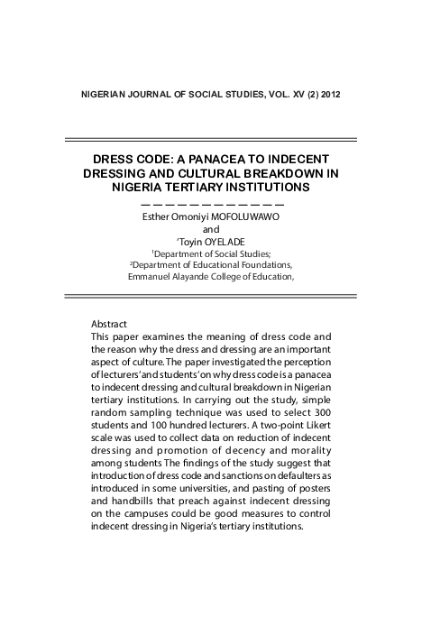(PDF) Dress Code: A Panacea to Indecent Dressing and Cultural Breakdown ...