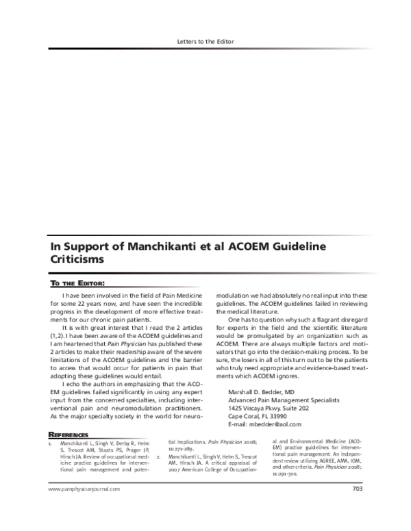 (PDF) In Support of Manchikanti et al ACOEM Guideline Criticisms