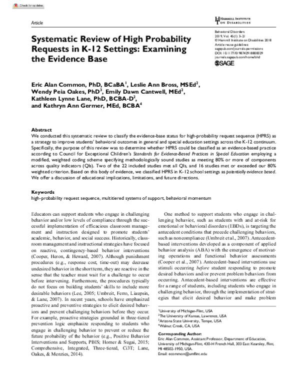 (PDF) Systematic Review of High Probability Requests in K-12 Settings ...