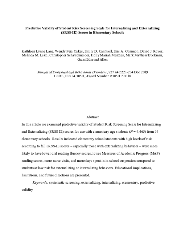 (PDF) Predictive Validity of Student Risk Screening Scale for ...