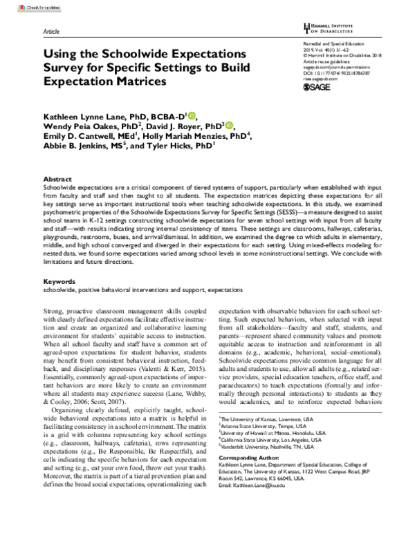 (PDF) Using the Schoolwide Expectations Survey for Specific Settings to ...