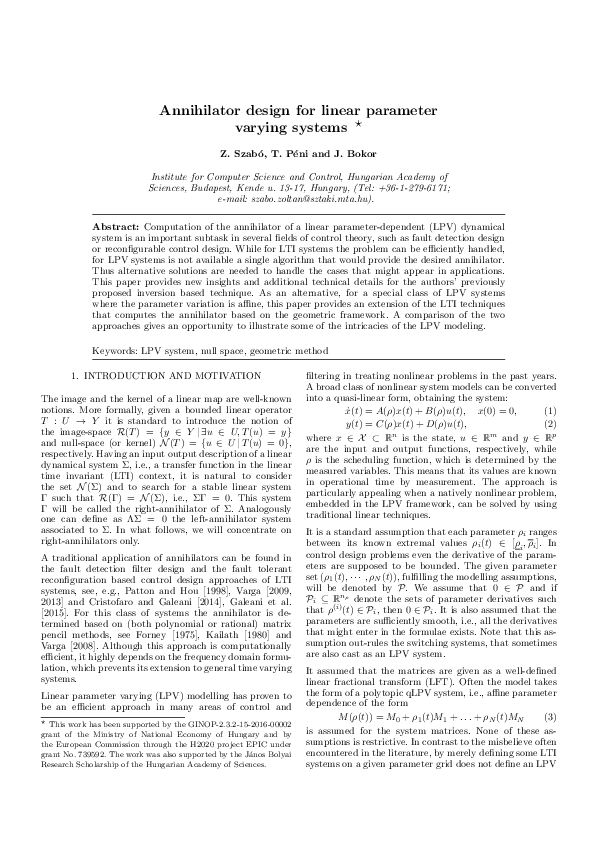 (PDF) Annihilator design for linear parameter varying systems