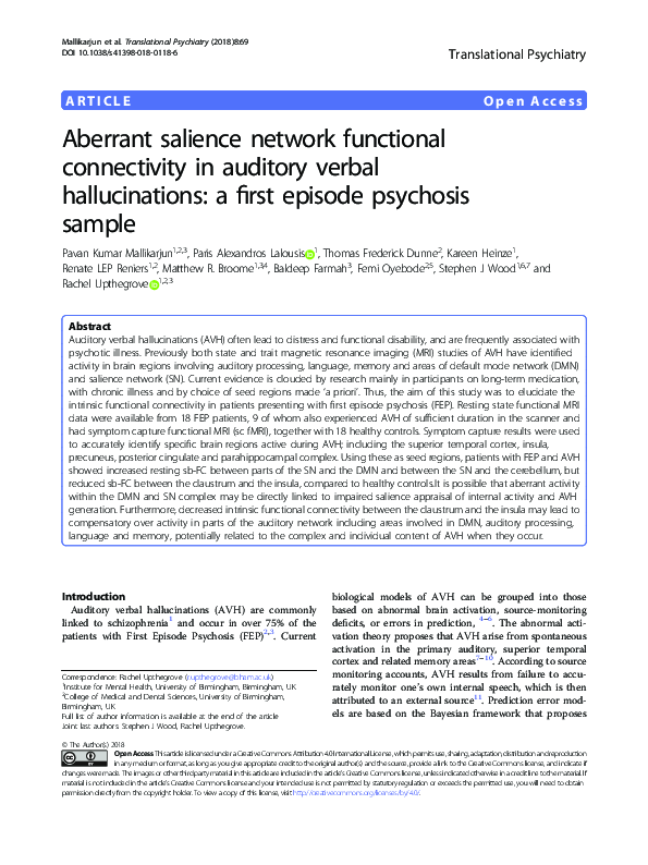 (PDF) Aberrant salience network functional connectivity in auditory ...