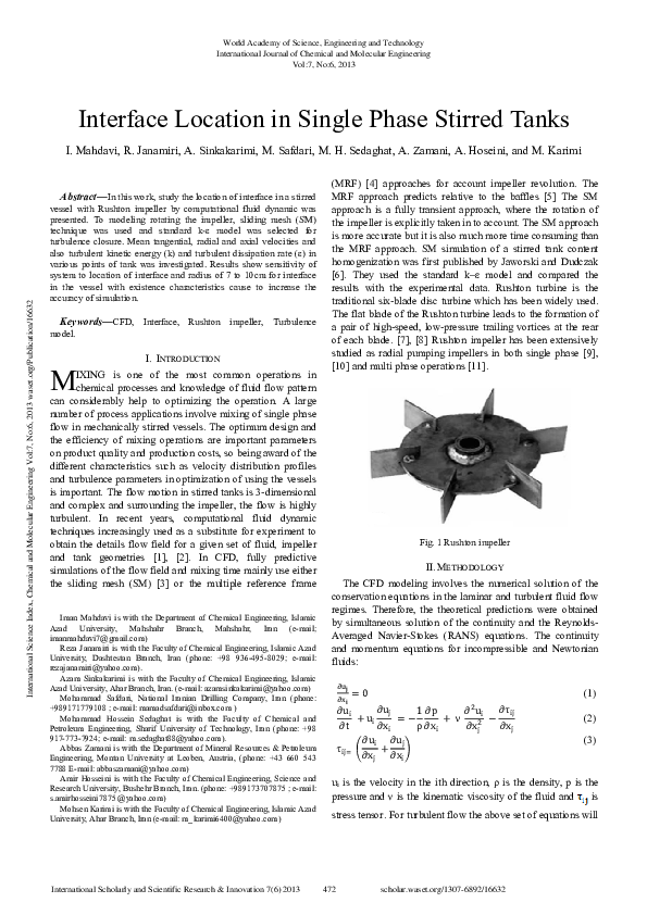 (PDF) Interface Location in Single Phase Stirred Tanks