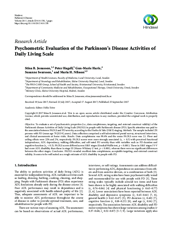 (PDF) Psychometric Evaluation of the Parkinson’s Disease Activities of ...