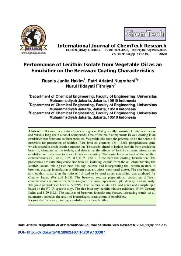 (PDF) Performance of Lecithin Isolate from Vegetable Oil as an Emulsifier on the Beeswax Coating