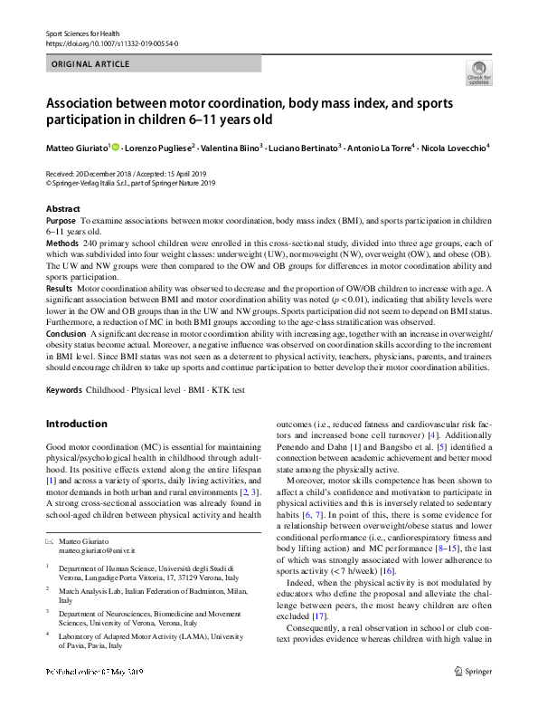 Association between motor coordination, body mass index, and sports participation in children 6–11 years old