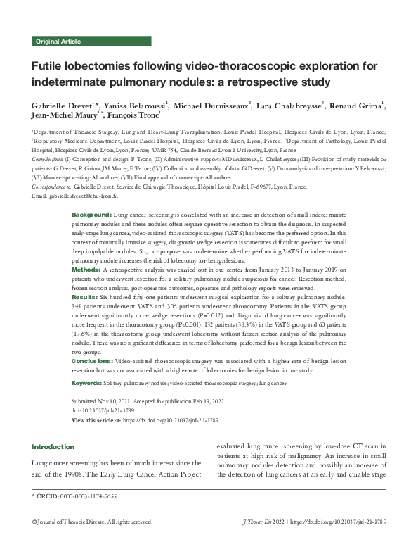 (PDF) Futile lobectomies following video-thoracoscopic exploration for ...