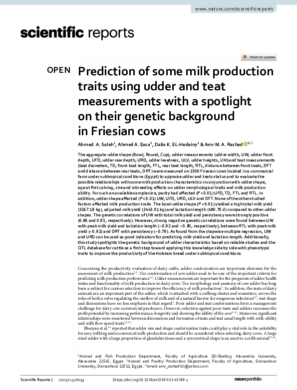 (PDF) Prediction of some milk production traits using udder and teat ...