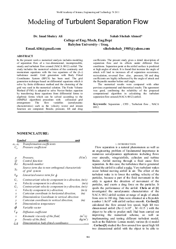 (PDF) Modeling of Turbulent Separation Flow