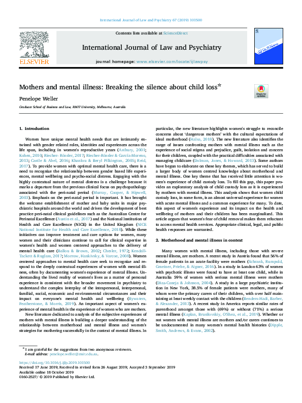 (PDF) Mothers and mental illness: Breaking the silence about child loss