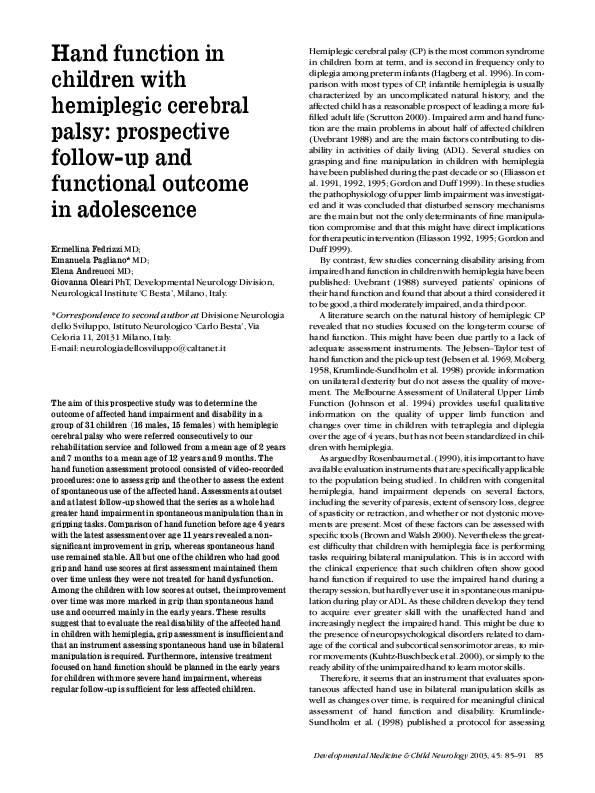 (PDF) Hand function in children with hemiplegic cerebral palsy ...
