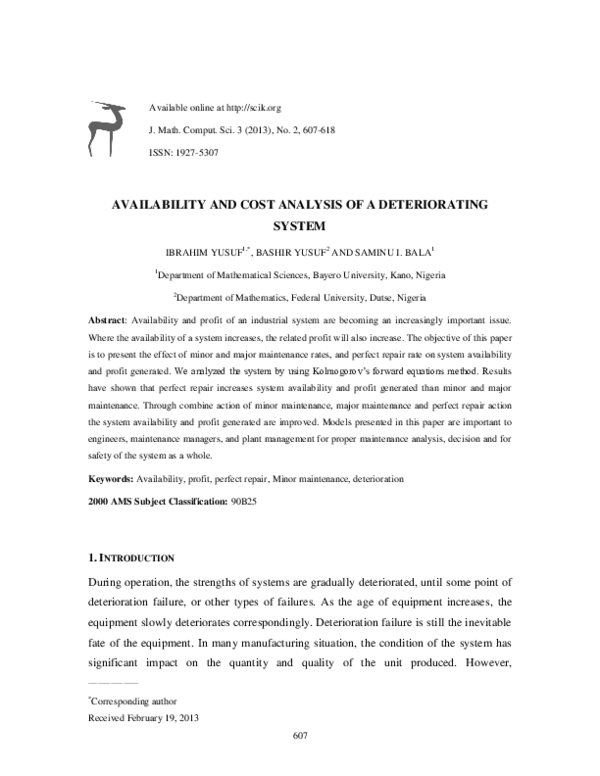 (PDF) Availability and cost analysis of a deteriorating system