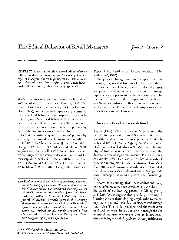 (PDF) The ethical behavior of retail managers