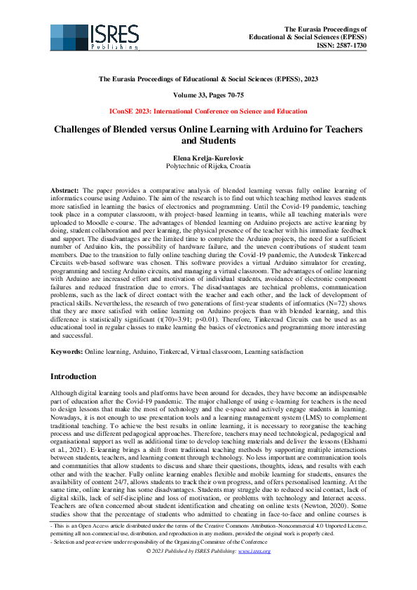 (PDF) Challenges of Blended versus Online Learning with Arduino for ...