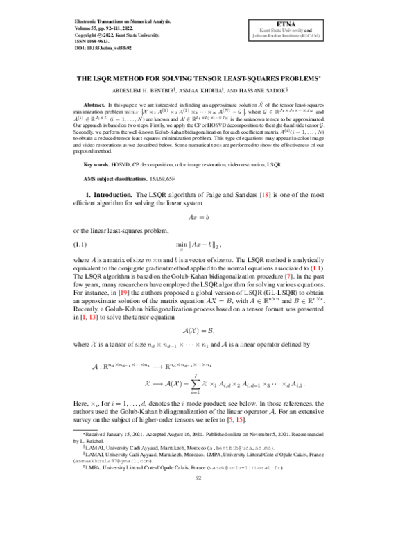 (PDF) The LSQR method for solving tensor least-squares problems