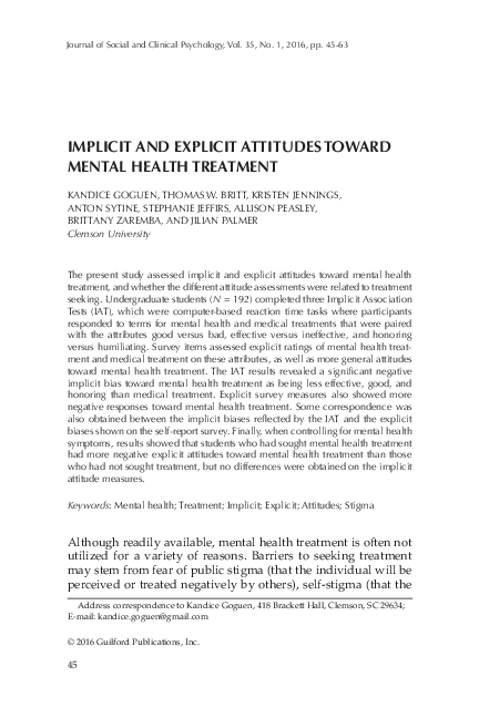 (PDF) Implicit and Explicit Attitudes Toward Mental Health Treatment