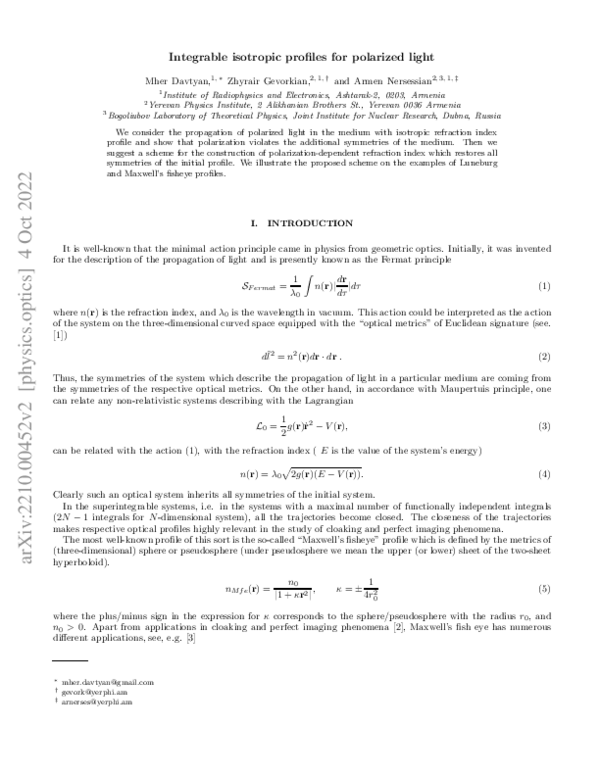 (PDF) Integrable isotropic profiles for polarized light