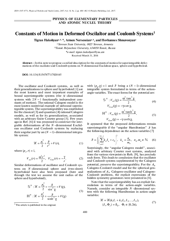 (PDF) Constants of motion in deformed oscillator and Coulomb systems