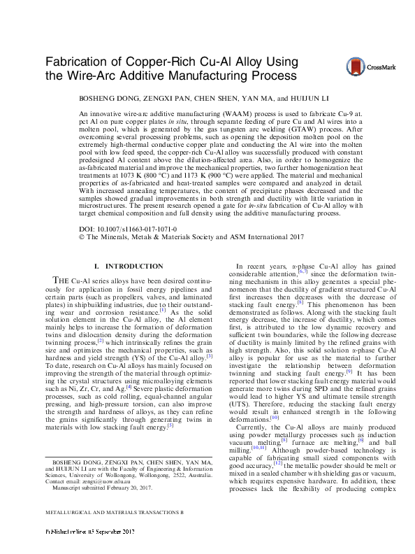 (PDF) Fabrication of Copper-Rich Cu-Al Alloy Using the Wire-Arc ...
