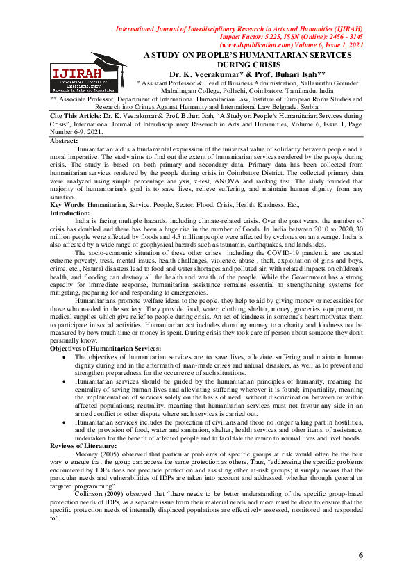 (PDF) A Study on People's Humanitarian Services During Crisis