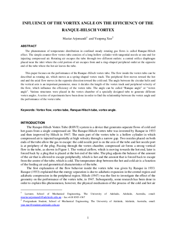 (PDF) 1 Influence of the Vortex Angle on the Efficiency of the Ranque ...