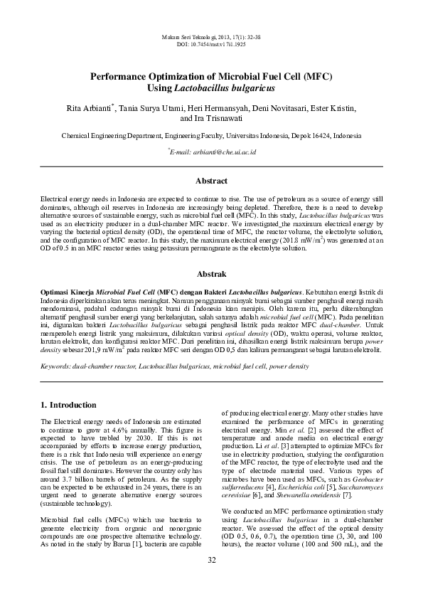 (PDF) Performance Optimization of Microbial Fuel Cell (MFC) Using ...
