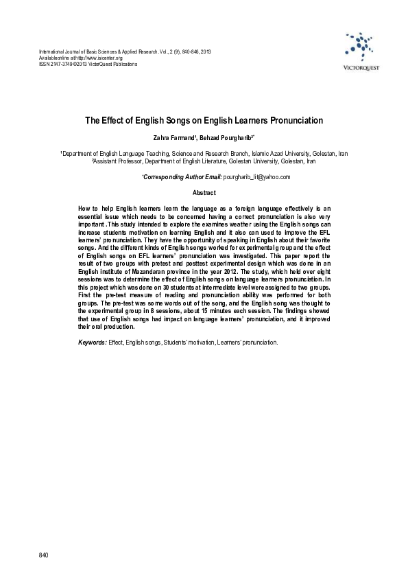 (PDF) The Effect of English Songs on English Learners Pronunciation