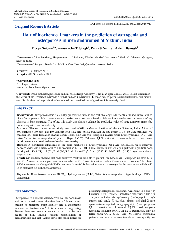 (PDF) Role of biochemical markers in the prediction of osteopenia and ...
