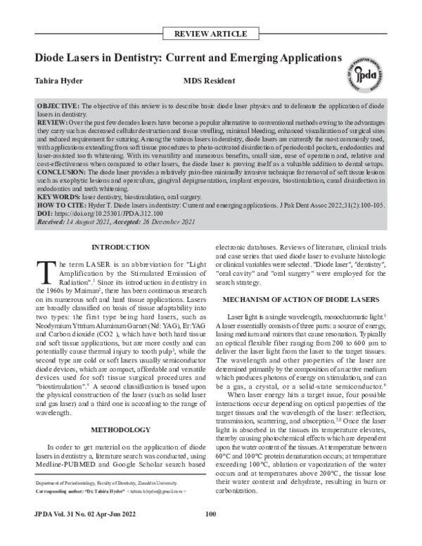 Diode Lasers in Dentistry: Current and Emerging Applications