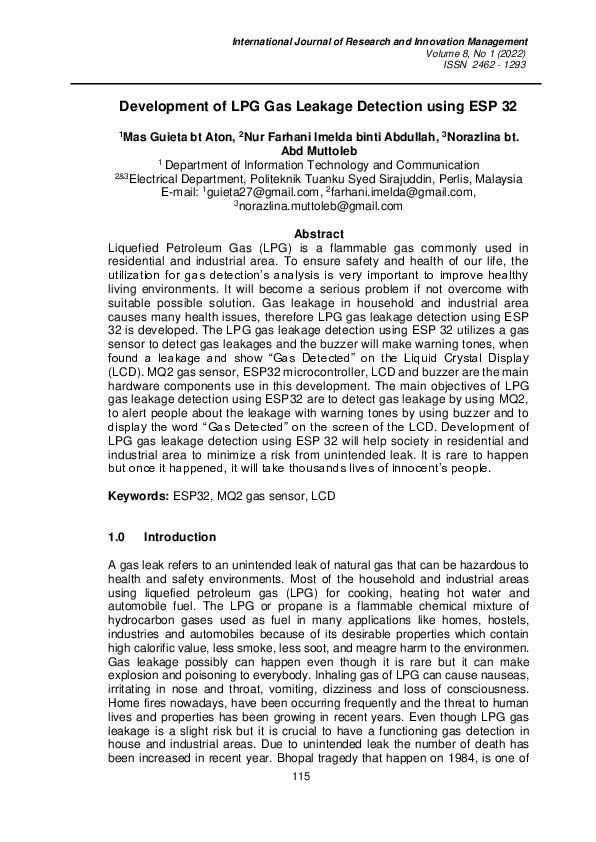 (PDF) Development of LPG Gas Leakage Detection using ESP 32
