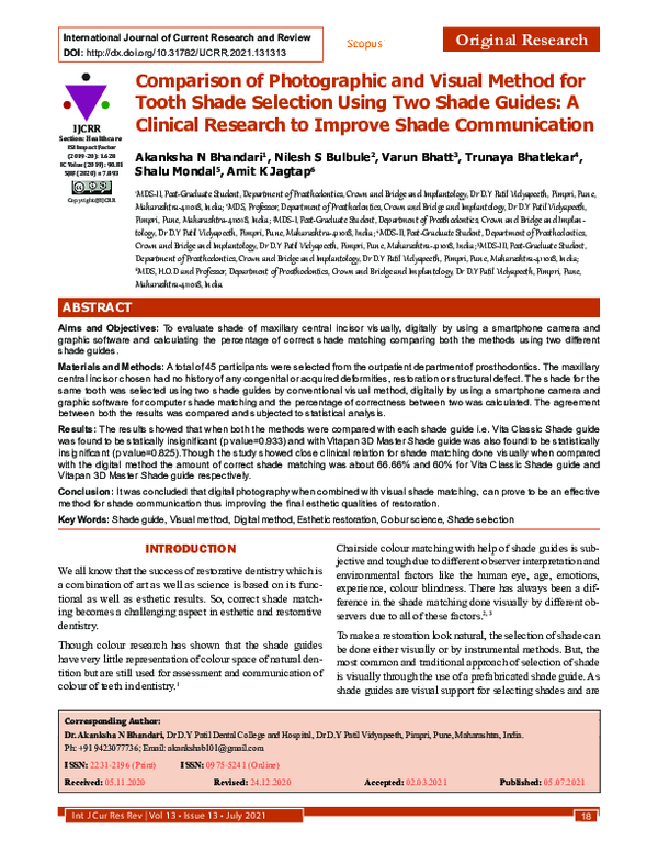 (PDF) Comparison of Photographic and Visual Method for Tooth Shade ...