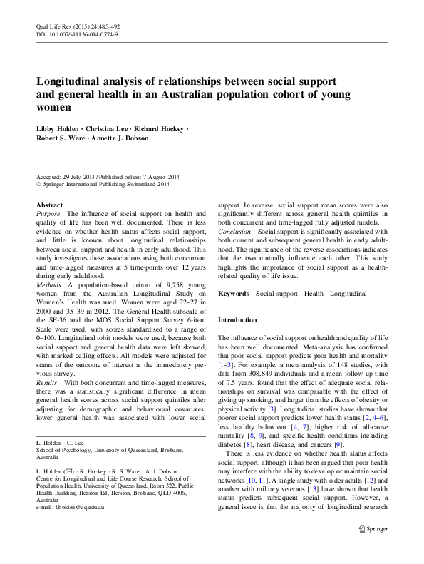 (PDF) Longitudinal analysis of relationships between social support and ...