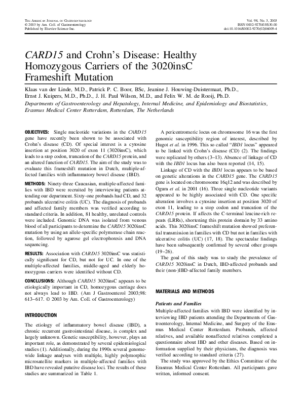(PDF) Card15 and Crohn's Disease Healthy Homozygous Carriers of the 3020insC Frameshift