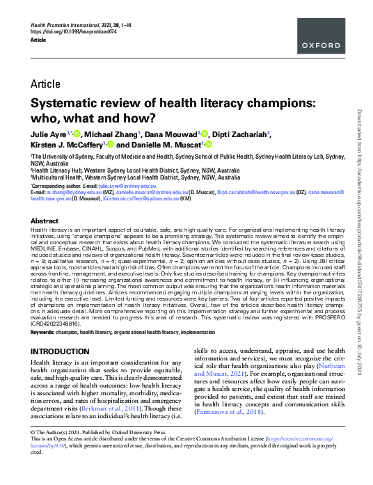 (PDF) Systematic review of health literacy champions: who, what and how?